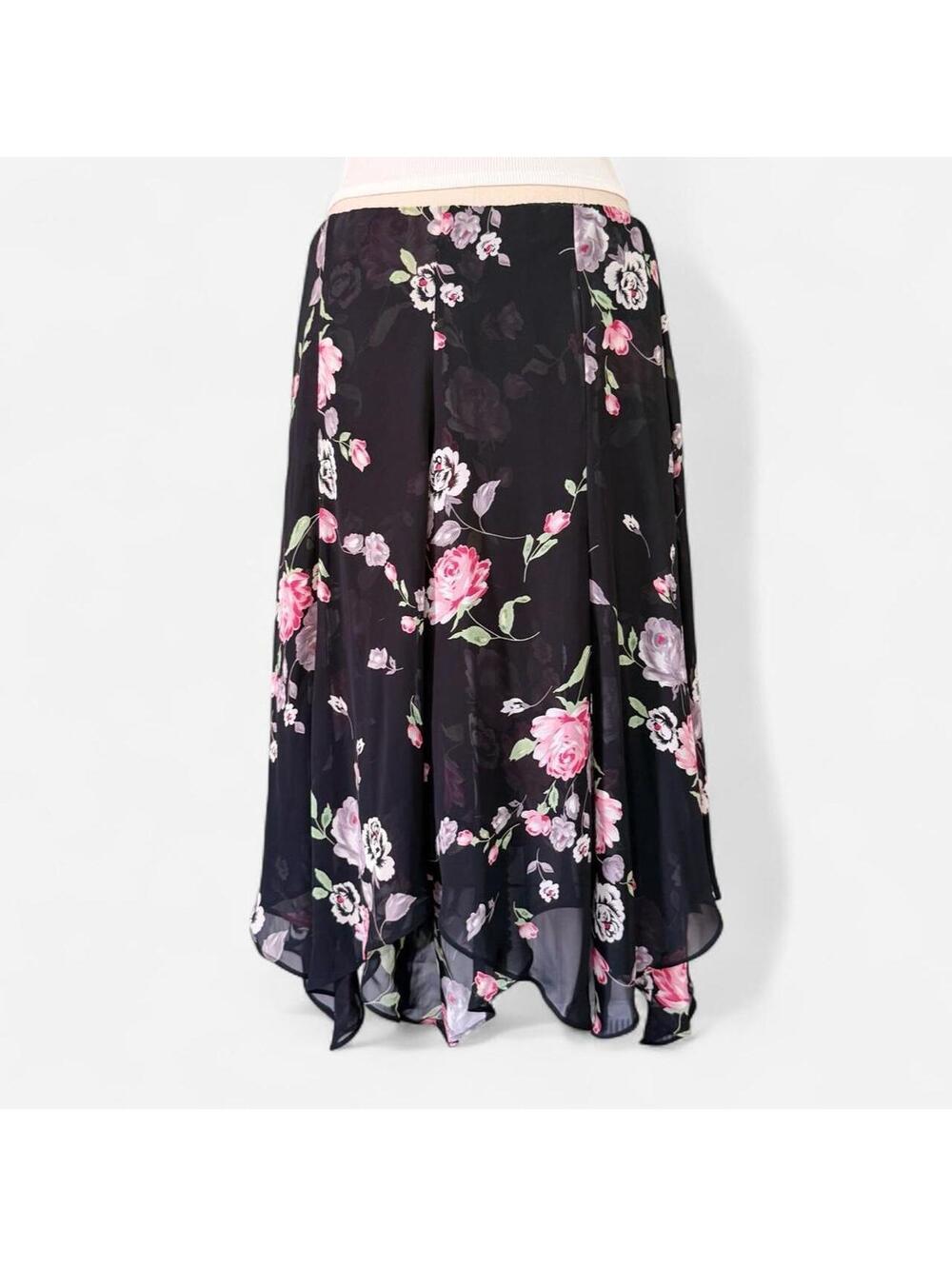Chaps Black Floral Chiffon Handkerchief Hem Midi Skirt in Black
